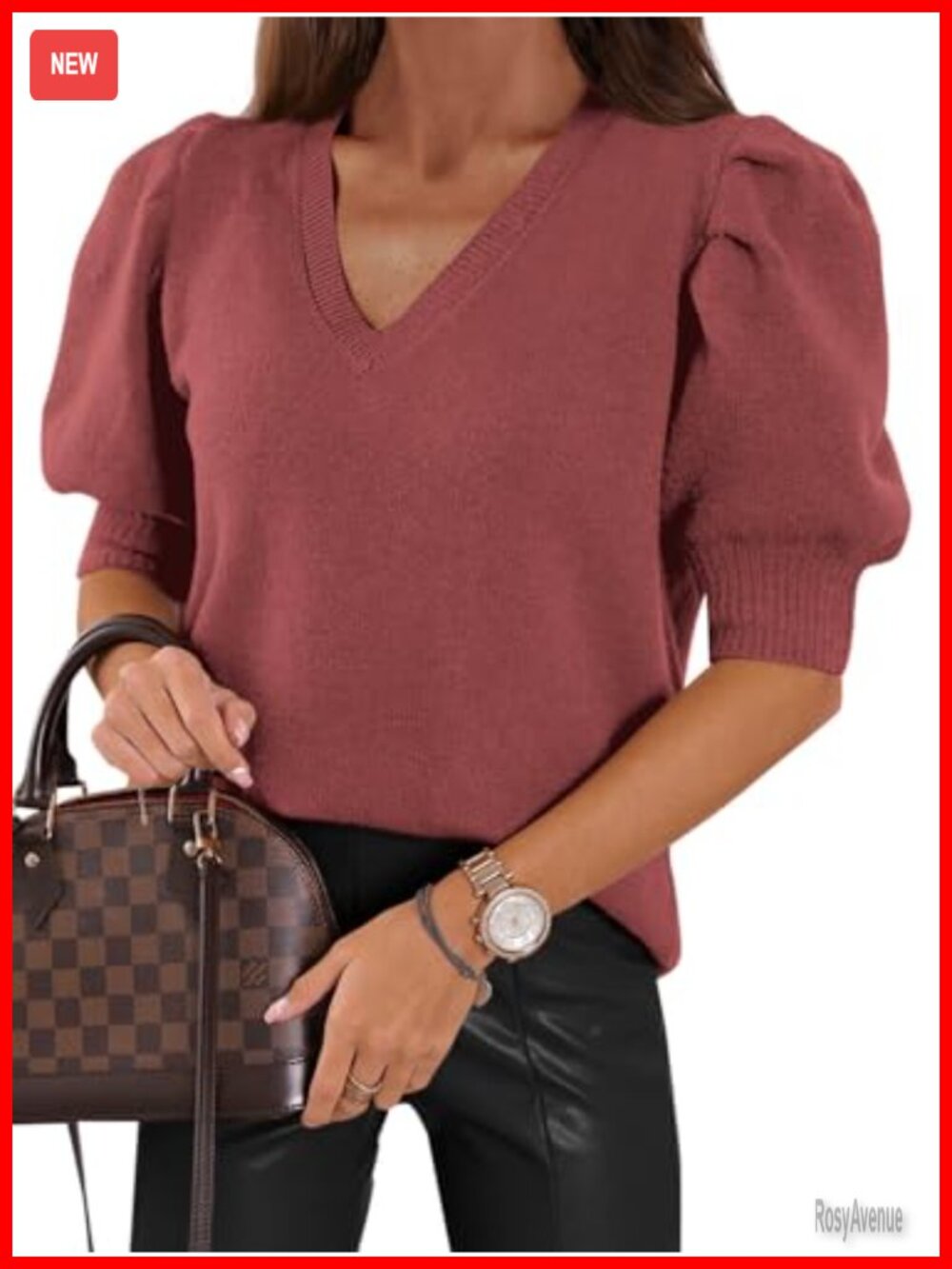 Womens Puff Short Sleeve Sweater V Neck Knitted Pullover Blouse